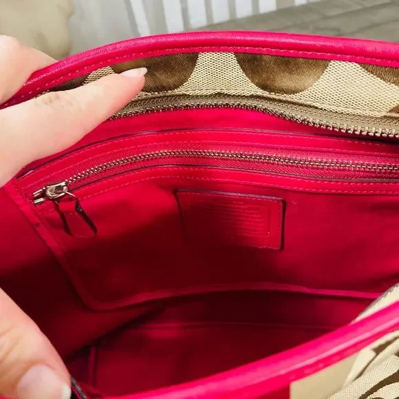 Coach Signatur Hamptons Weekend Khaki Pink Signature Stripe Tote Purse 10055 - Picture 7 of 8